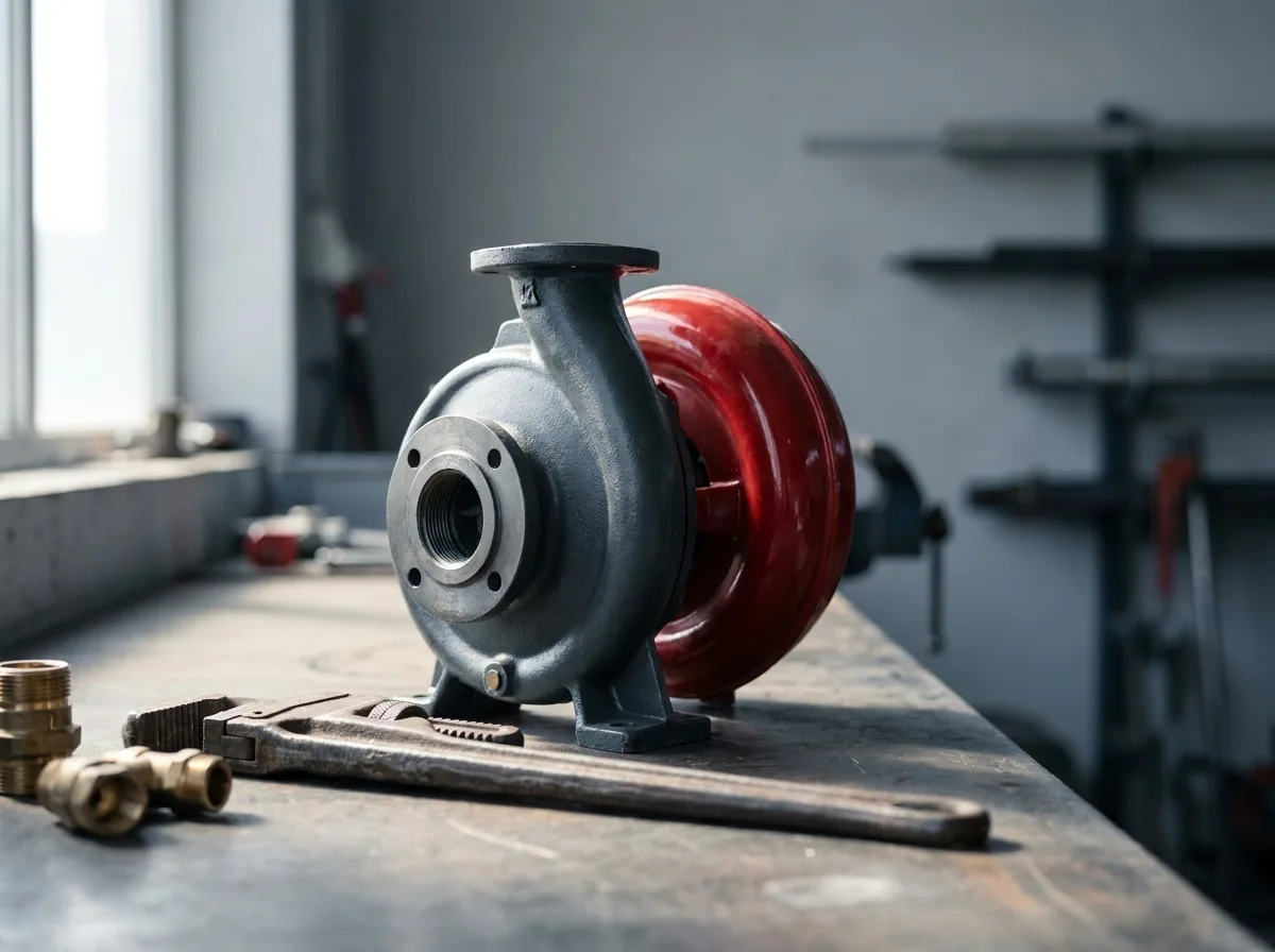 Kreiselpumpe mit rotem Gehäuse auf einer Werkbank, daneben Messingfittings und Rohrzange